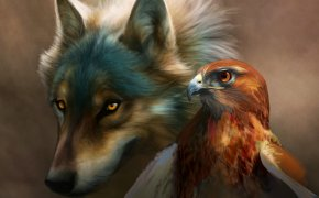 Обои art, novawuff, волк, живопись, орел, птица