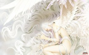 Обои art, wen-m, ангел, девушка, крылья, Перья