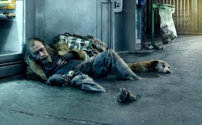 Обои бездомный, Нищий, собака, улица, человек